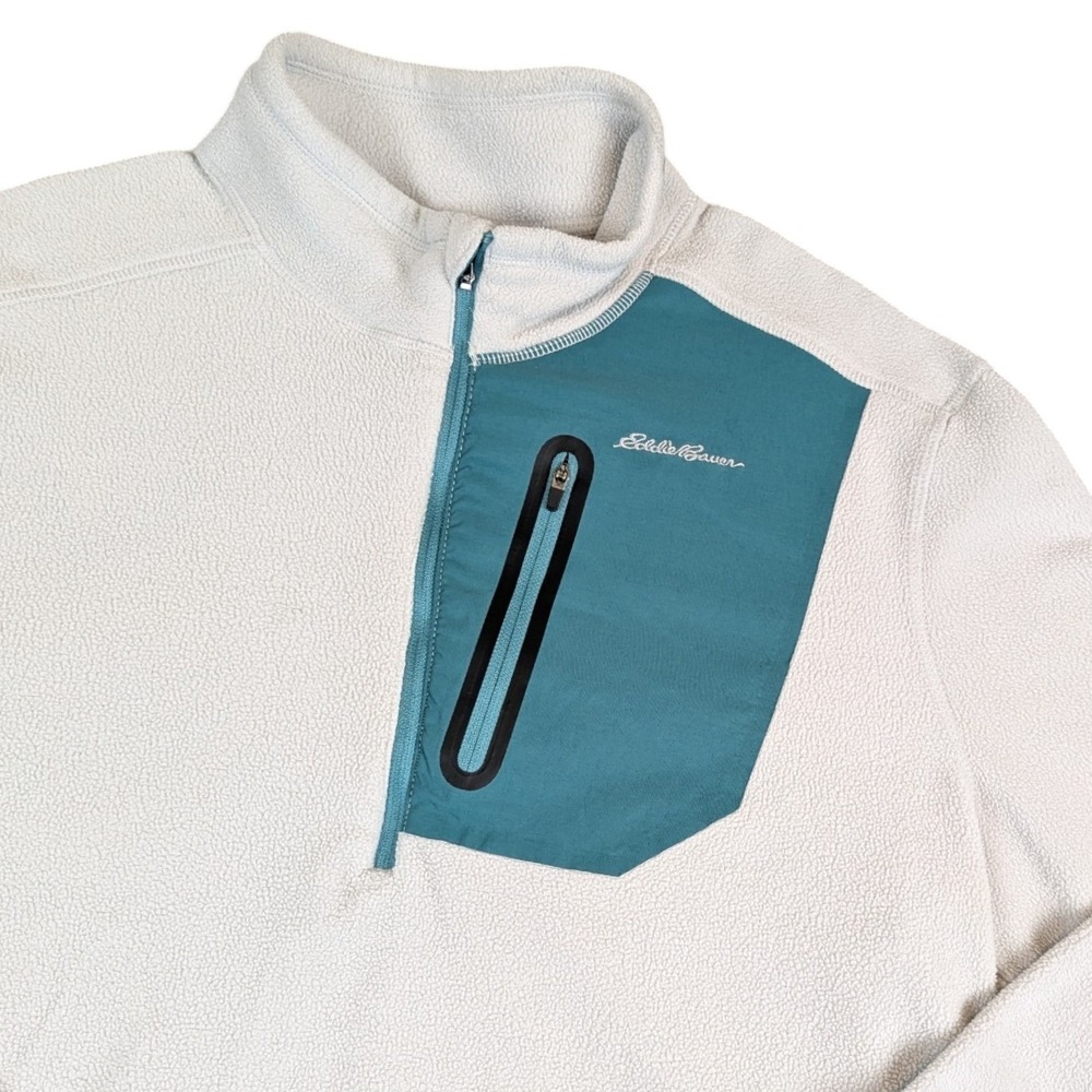 Eddie Bauer Mens Quarter Zip Fleece Pullover Gray Teal Pocket Size Large